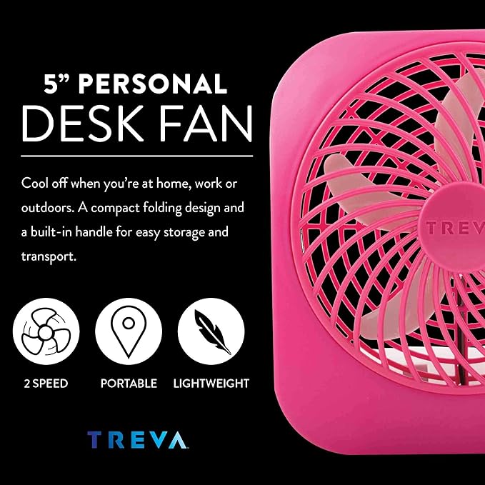 O2COOL Treva 5 Inch Battery Powered Fan Portable Desk Fan 2 Cooling Speeds with Compact Folding & Tilt Design Cubicle Accessories Small Portable (Raspberry)