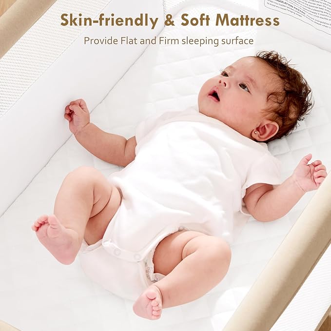 Bassinet Bedside Sleeper - All-Mesh Design, Portable Bedside Bassinet for Baby with Washable Mattress, 5 Adjustable Heights（Beige）