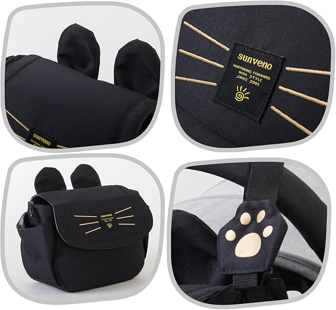 SUNVENO Kitty Stroller Organizer Bag – Universal Baby Stroller Caddy with 2 Cup Holders, Adjustable Straps, Waterproof Oxford, Lightweight Travel Accessory for Strollers, Prams & Pushchairs,Black