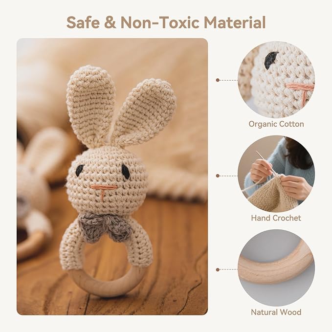 Crochet Baby Rattle, Baby Shaker Toy, Baby Rattles 0-6 Months, Handmade Newborn Toys, Easter Bunny Rattle, Animal Baby Rattle，Knitted Stuffed Animals Gifts for Boys and girs Bunny Rattle