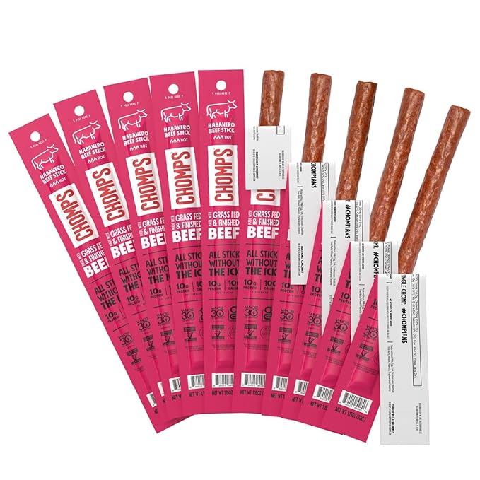 Chomps Grass-Fed and Finished Spicy Habanero Beef Jerky Snack Sticks 10-Pack - Keto, Paleo, Whole30, 10g Lean Meat Protein, Gluten-Free, Zero Sugar Food, Non-GMO