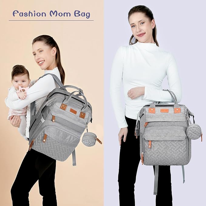 Baby Diaper Bag, Backpack with Changing Table, Unisex Baby Bag, with Diaper Pad, USB Charging Port, Insulated Pacifier Case, Multifunctional Waterproof Travel Diaper Bag, Gift for Newborn Baby (Grey)