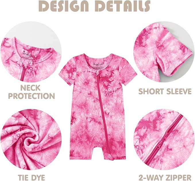 Jimonda Baby Girl Boys Rayon From Bamboo Pajamas 3 Pack Short Sleeve Footless Romper 2 Way Zipper Tie Dye Pjs Sleeper 0-24M