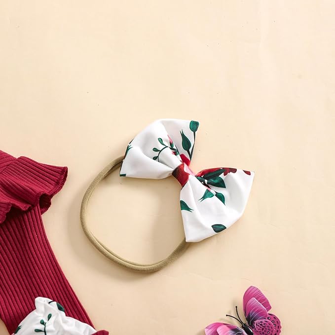 Baby Girls Clothes Ribbed Romper Bodysuit Pants Headband Set Fall Winter Outfits