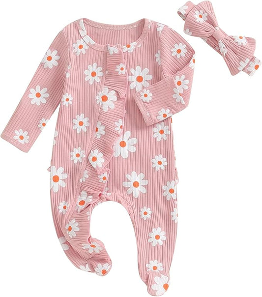 Newborn Girl Clothes Baby Girl Coming Home Outfit Zipper One-piece Outfits Ruffle Footie Bodysuit Jumpsuit Headband