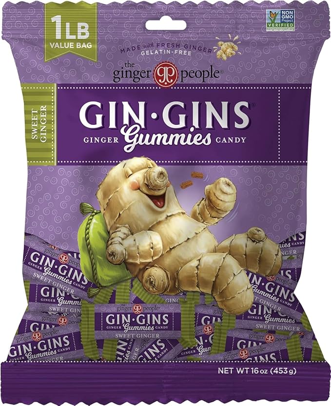 GIN GINS Sweet Ginger Gummies – Natural Fresh Ginger Candy by The Ginger People – Sweet Ginger Gummies Flavor – Large 1 lb Bag (16oz) – Pack of 2