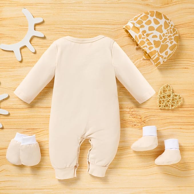 Sinhoon Newborn Baby Girl Romper Infant Letter Print Bodysuit Jumpsuit+Hat+Gloves+Socks 4Pcs Coming Home Clothes Outfit