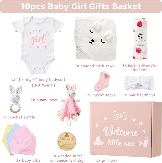 Baby Girl Gifts Basket, Newborn Girl Essentials for Baby Shower, Hooded Bath Towel, Muslin Swaddle Blanket, Girl Bodysuit, Bunny Rattle, Lovey, Baby Bibs, New Mom Gifts Box for Women