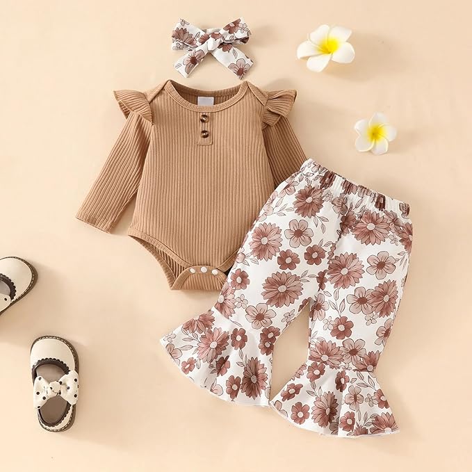 Newborn Baby Girl Clothes Infant Girl Outfits Long Sleeve Ruffle Romper + Floral Pants + Headband Set