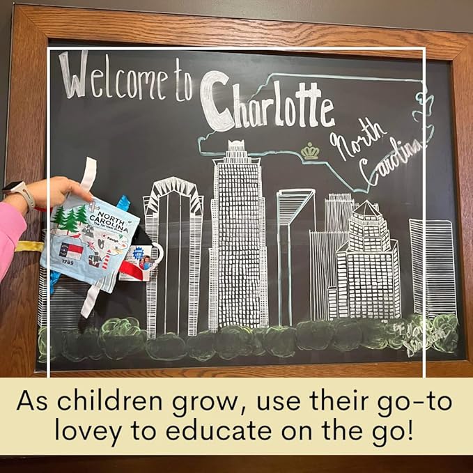 Baby Jack & Co 8x8” Learning Lovey North Carolina State Tag Stroller Toy for Babies - Crinkle Toys for Developing Five Senses - Learn About Capitals - Travel with Baby Jack - BPA Free Clip