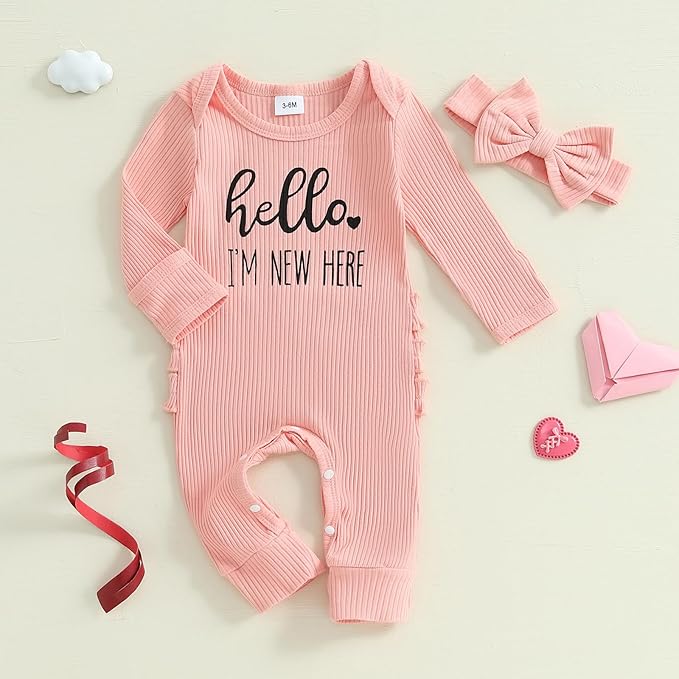 Newborn Baby Girls Rompers Knit Round Neck Long Sleeve Infant Fall Jumpsuits with Headband Coming Home Outfit