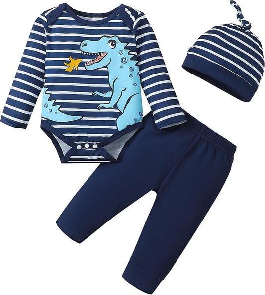 SUNNY PIGGY Baby Boy Clothes Newborn Infant Boys Outfits Romper Hat Pants 3PC Set 0-3 3-6 6-12 12-18 Month Clothing Gift