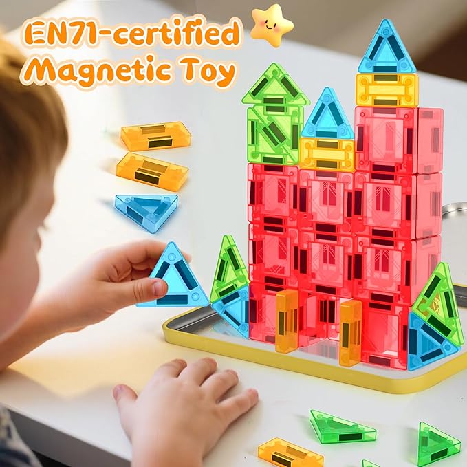 Magnetic Tiles Building Blocks Toy Set: Portable Mini Magnetic Tiles Travel Set 32 Pieces with Iron Tin Construction Toys Gift for Kids Girls and Boys Ages 3-12 Years Old School Classroom Must Haves
