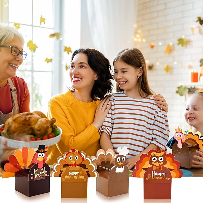 18Pcs Thanksgiving Party Favor Boxes Thankful Turkey Candy Treat Boxes, 6 Styles, Happy Thanksgiving Day Turkey Paper Gift Boxes for Fall Holidays Harvest Day Supplies