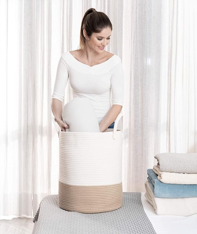 OrganiHaus Boho Woven Basket for Blankets and Laundry, Decorative Large Storage Bin for Living Room, Nursery Basket for Toys & Clothes, Soft Cotton Rope with Handles 15x18 inches - Off-White/Honey