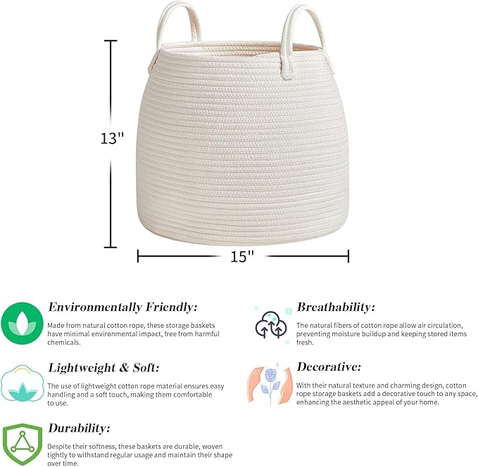 Nursery Laundry Basket | Kids Hamper for Blankets, Pillows,Toys (15"x 13")| Baby Toy Basket | Nursery Storage for Boho Room Decor | Ideal Gift for Baby Showers| White