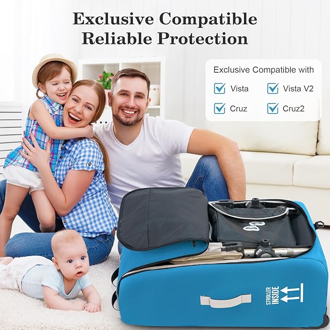 Stroller Bag for Airplane, Stroller Travel Bag Compatible with UPPAbaby Vista, Vista V2, Cruz V2, Rolling Wheel Bag with Storage Pocket, Multiple Handles, Luggage Tag for Flight Travel, Blue