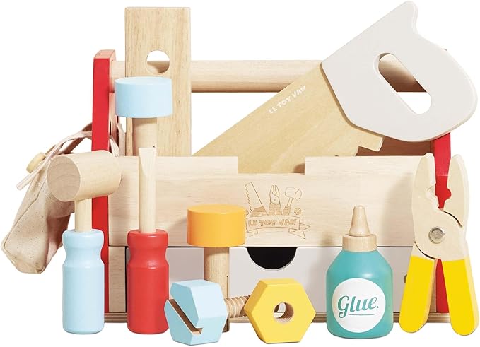 Le Toy Van - Cars & Construction Educational Wooden Tool Box Play Set for Role Play | Boys Pretend Play Wooden Tools - Suitable for 3 Year Olds and Older, Tool Box 12 Piece Set