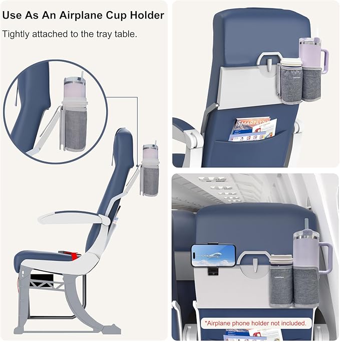 2 in 1 Luggage Cup Holder for Suitcase Airplane Cup Holder for Tray Table Drink Carrier for Stanley Tumblers Coffee Beverage Organizer Luggage Drink Holder Travel Essentials for Flying(gray)