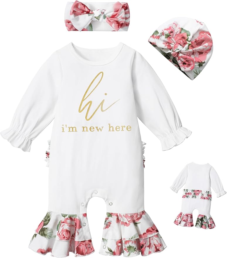 AGAPENG Newborn Girl Clothes Ruffle Letter Print Romper Infant Bell Bottom Jumpsuit Boho Baby Girl Clothes with Headband Hat