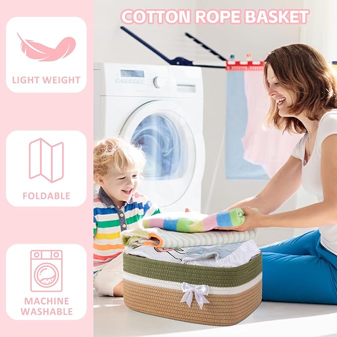 OIAHOMY Large Woven Storage Basket with Handles for Nursery Living Room Shelves, Bow Basket for Gifts Empty with Gift Bags and Ribbons for Baby Showers Pet Toy Bin - Light Green & Yellow