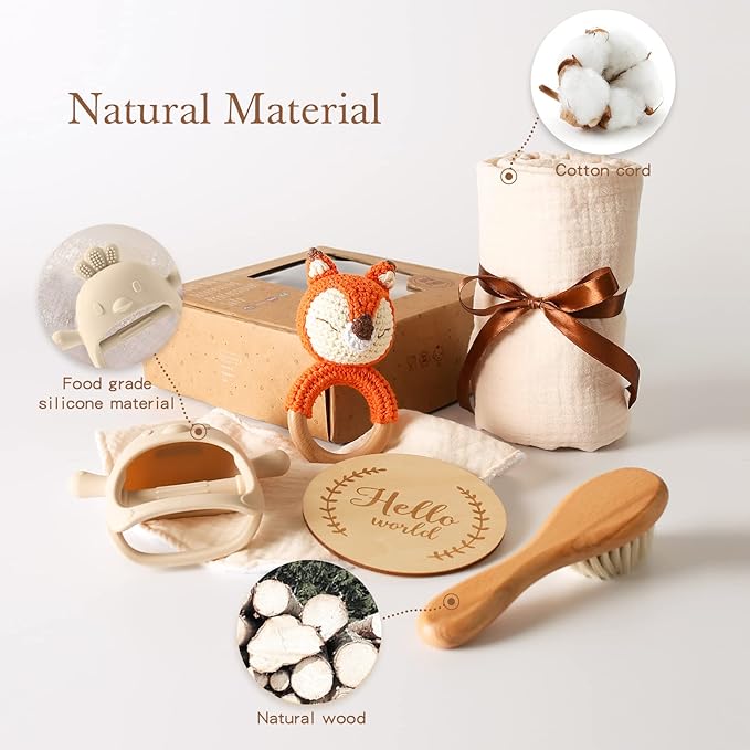 YOUUYS Baby Gift Set for Newborn - Baby Essential Bath Basket Gift Set with Baby Blanket Baby Rattle Teether Toy & Hair Brush Newborn Shower Gift for Baby Girls Boys 6PCS (Orange Fox)