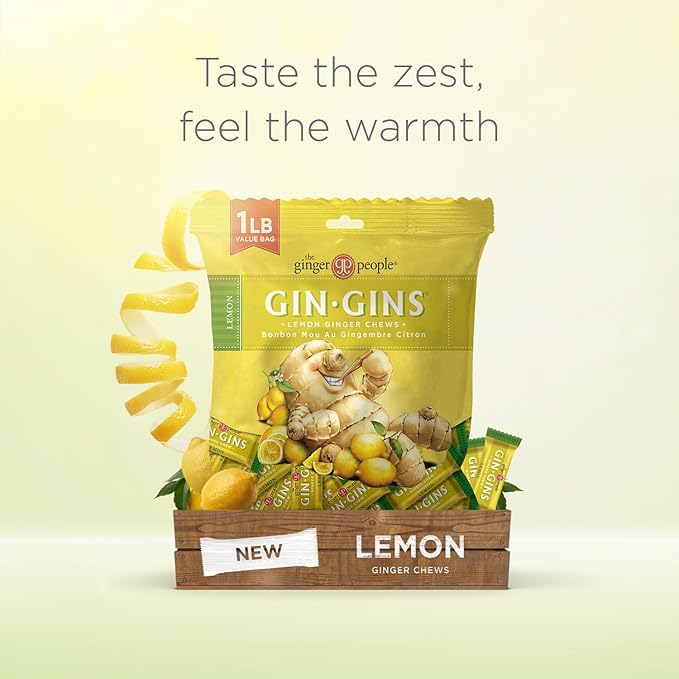 GIN GINS Lemon Ginger Chews – Natural Fresh Ginger Candy by The Ginger People – Individually Wrapped Healthy Candy – Lemon Flavor – Large 1 lb Bag (16oz) – Pack of 1