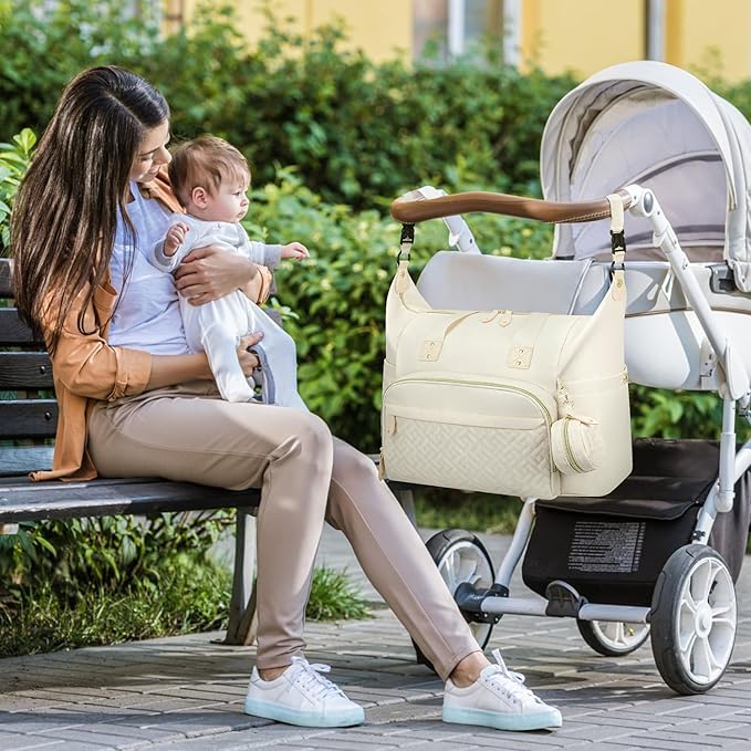 Diaper Bag Tote, Baby Bag Travel Diaper Tote Bag with Pacifier Case, Cute Maternity Hospital Baby Stylish Diaper Tote for Mom Dad Medium Size, Beige