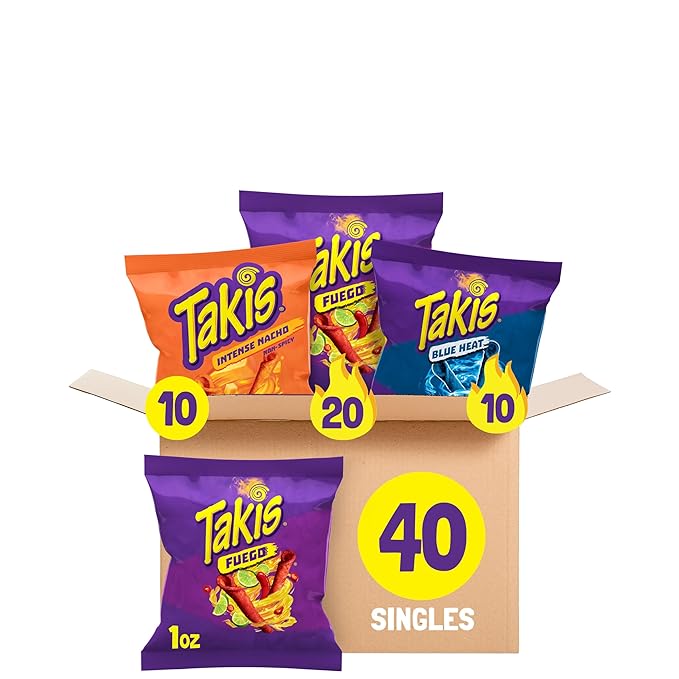 Takis 40 pc / 1oz Hero Variety Pack - Fuego, Blue Heat & Intense Nacho Flavored Rolled Tortilla Chips - (20) Fuego, (10) Blue Heat, (10) Intense Nacho - Perfect for Tailgates or Parties