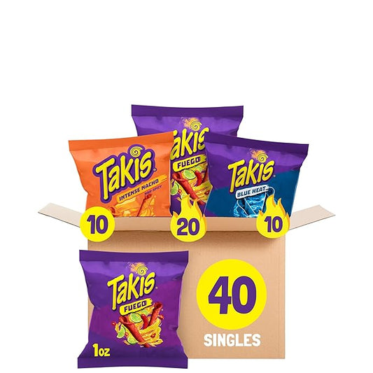 Takis 40 pc / 1oz Hero Variety Pack - Fuego, Blue Heat & Intense Nacho Flavored Rolled Tortilla Chips - (20) Fuego, (10) Blue Heat, (10) Intense Nacho - Perfect for Tailgates or Parties