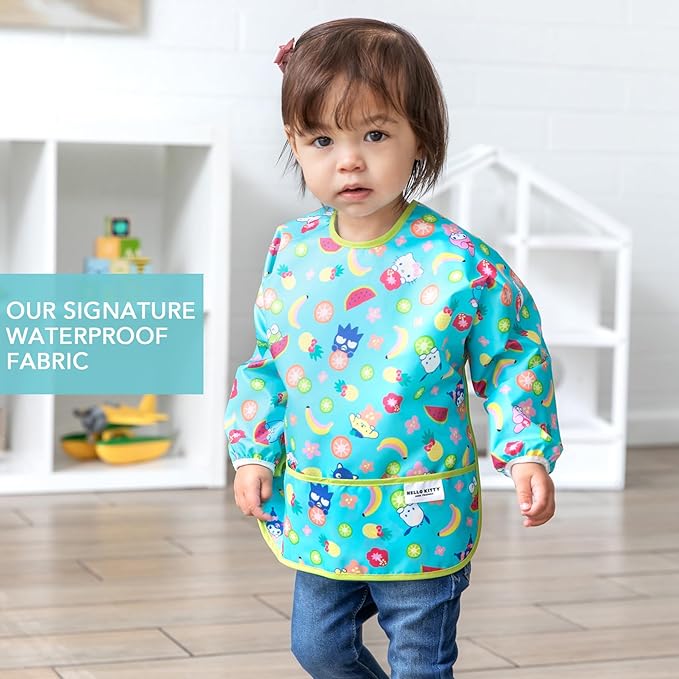 Bumkins Sleeved Bib for Girl or Boy, Baby and Toddler for 6-24 Mos, Essential Must Have for Eating, Feeding, Baby Led Weaning Supplies, Long Sleeve Mess Saving Food Catcher, Hello Kitty and Friends