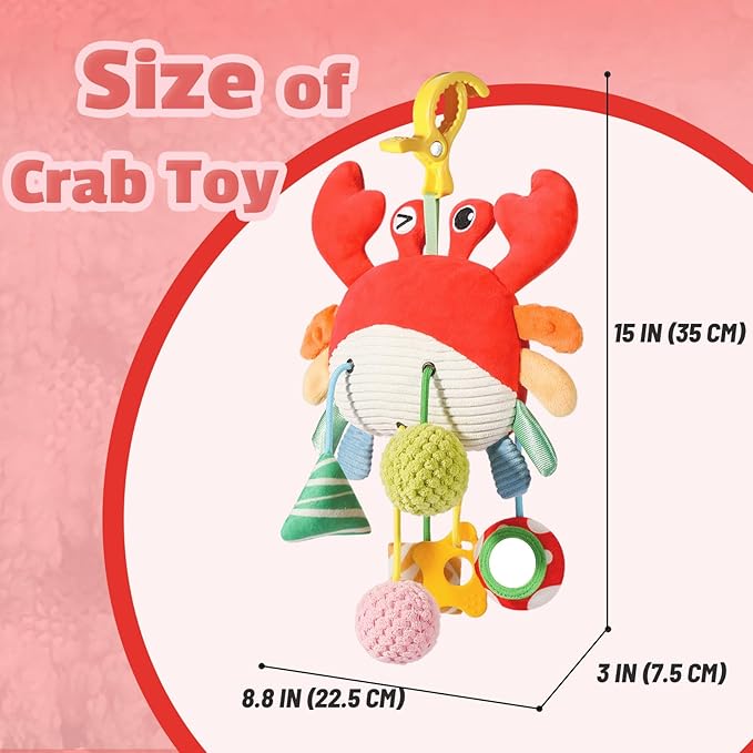 Baby Car Seat Toys 0-6 Months - Crib & Stroller Hanging Crab Attachment with Clip, Rattles and Teether, Travel Comfort Toy for Newborn Infant Gifts