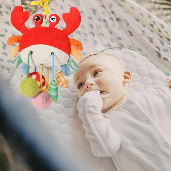 Baby Car Seat Toys 0-6 Months - Crib & Stroller Hanging Crab Attachment with Clip, Rattles and Teether, Travel Comfort Toy for Newborn Infant Gifts