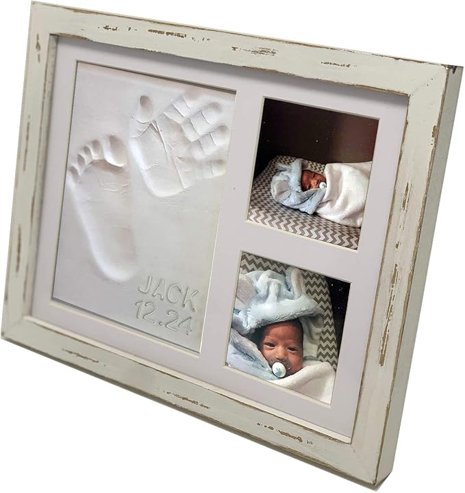 Baby Mushroom Farmhouse Baby Hand & Footprint Picture Frame Keepsake Kit - Rustic 9" x 11" Distressed Wood Frame, Clay, & Stencil for Newborns, New Mom, Registry Gift