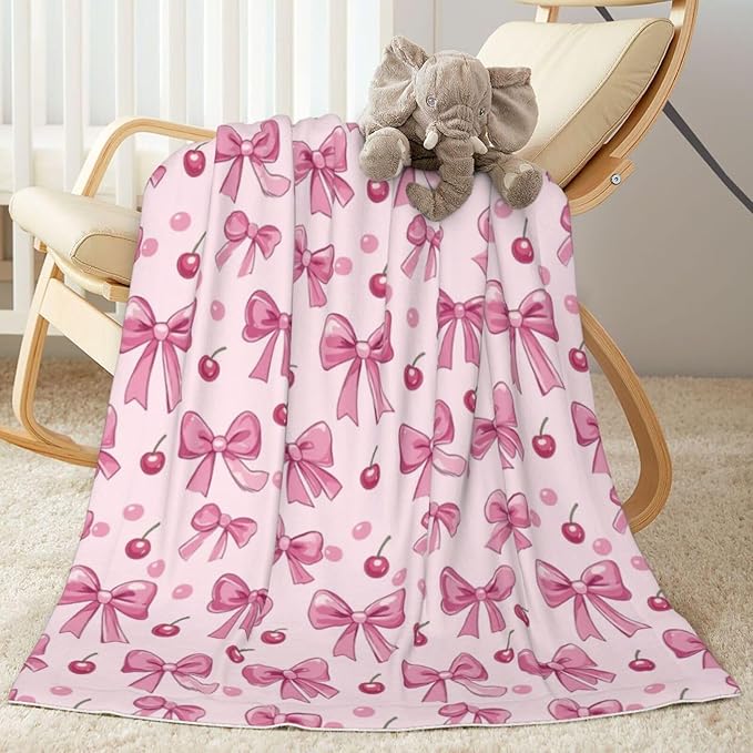 Baby Blanket Pink Bow Pattern Cherry for Boy Girl Newborn 30x40 Inch Toddler Infant Nursery Throw Blankets Double Layer Comfy Soft Plush Stroller Crib Quilt