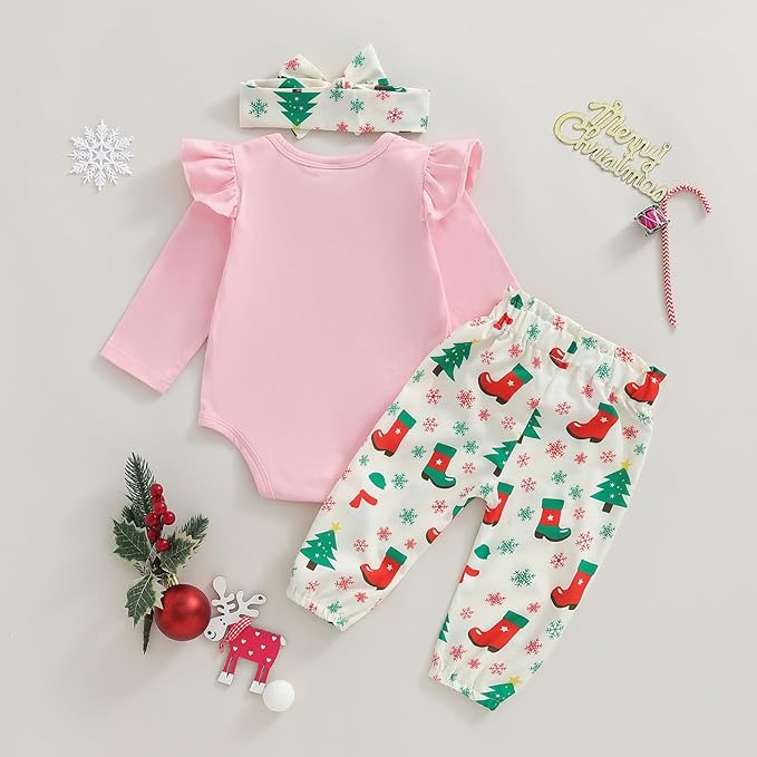 Fernvia Western Newborn Baby Girl Clothes Long Sleeve Letter Print Romper Animal Print Pants Headband 3Pcs Outfits Sets