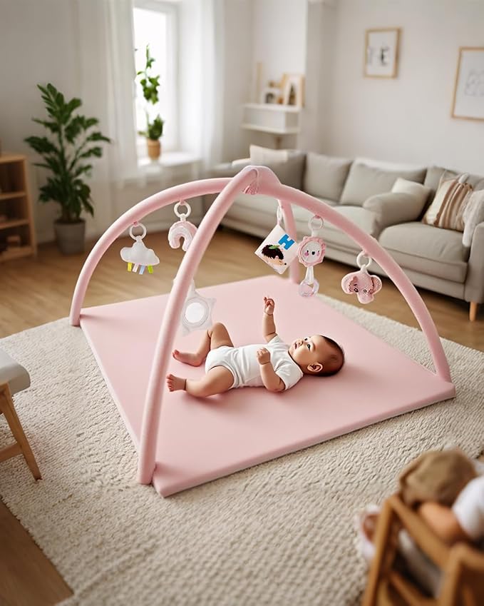 Baby Play Gym with Soft Foam Mat – Removable & Machine Washable Cover, Velvet Tummy Time Mat with 6 Sensory Toys, Non-Slip Activity Mat for Infant Development, Newborn Essentials Gift, Pink