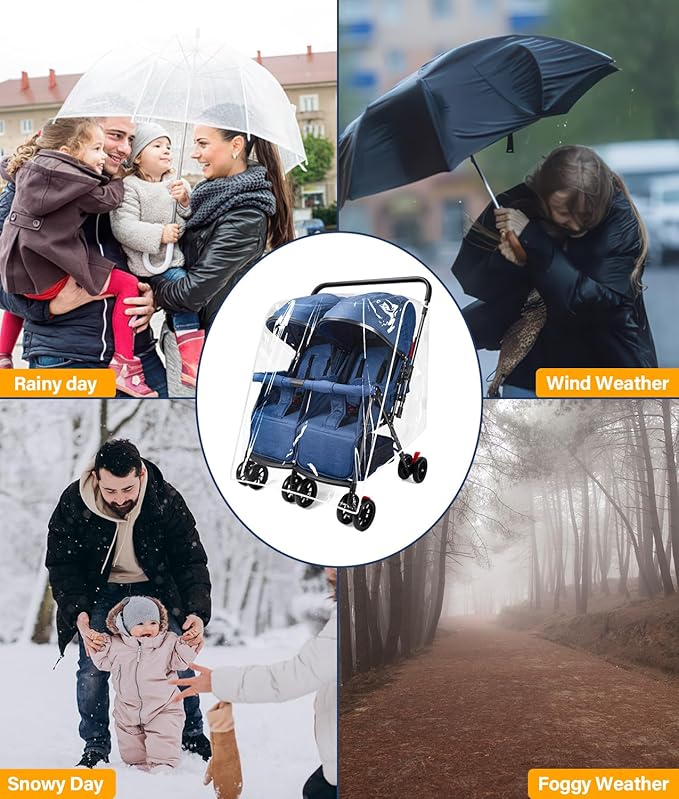 Double Stroller Rain Cover, Weather Shield for Side by Side Baby Double Stroller, Universal Waterproof Stroller Cover for Rain/Wind/Snow/Cold/Dust, Baby Travel Outdoor Accessories