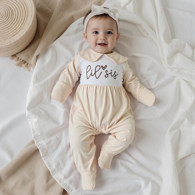 Newborn Baby Girl Footed Romper Onesie Little Sister Embroidery Fall Clothes Coming Home Outfit Vintage Jumpsuit