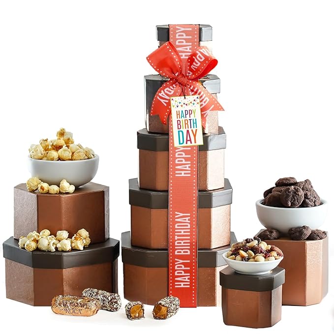 Birthday Gift Basket Tower for Women, Him, Gourmet Snacks & Sweets Food Gifts, Treat Box with Cookies, Delicious Treats, Candy Surprise by Broadway Basketeers