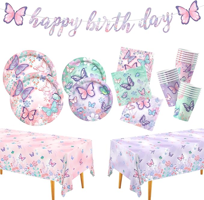 Butterfly Birthday Party Supplies Set - Includes Disposable Plates, Cups, Napkins, Tablecloth, and Banner | Butterfly Party Decorations for Girls Birthday Celebration,Serve 24