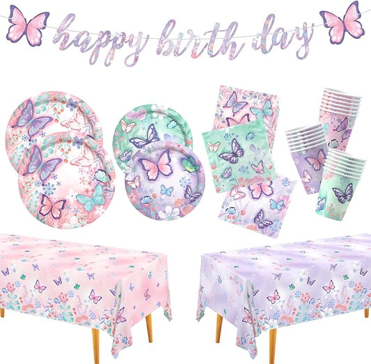 Butterfly Birthday Party Supplies Set - Includes Disposable Plates, Cups, Napkins, Tablecloth, and Banner | Butterfly Party Decorations for Girls Birthday Celebration,Serve 24