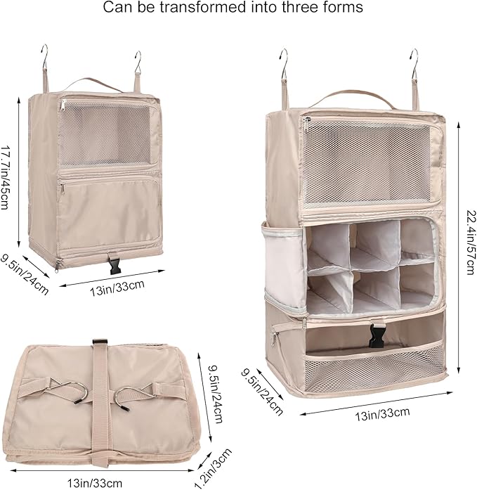 TABITORA Travel Portable Hanging Shelves Closet Organizer Packing Luggage Organizer and Storage with Multifunctional and Foldable Invisible Compartment,Lightweight, for Suitcase, RV,Closet…Beige,XL