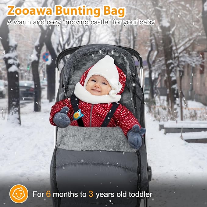 Zooawa Warm Bunting Bag Universal, Waterproof Baby Stroller Sleeping Bag for Cold Weather, Stroller Toddler Footmuff, Extra Thick, Fits 6-36 Months Baby, Gray