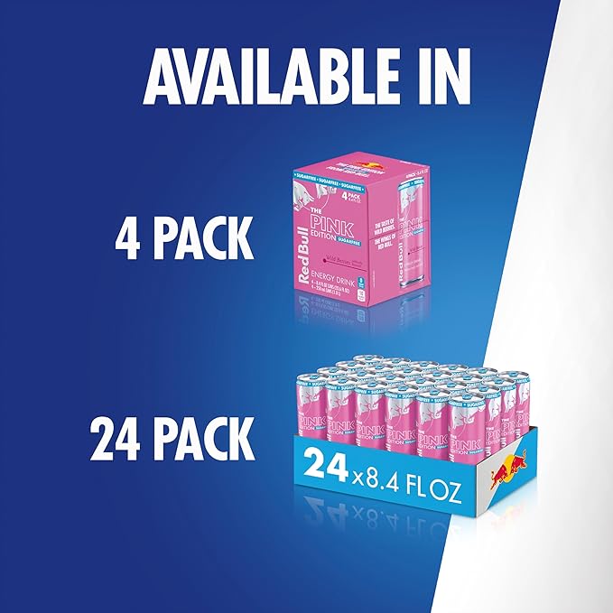 Red Bull Pink Edition Sugar Free Energy Drink, Wild Berries, 8.4 fl. oz., Pack of 4 cans, with 80mg Caffeine, Taurine & B Vitamins