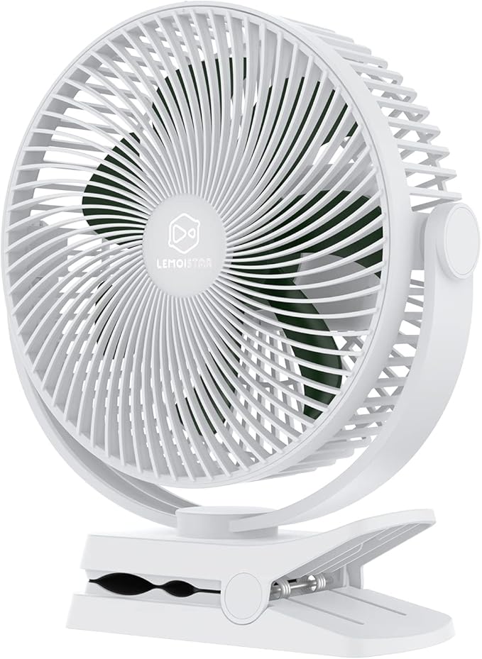 LEMOISTAR 10000 mAh Battery Operated Clip on Fan, 4 Powerful Wind Speeds, 8 Inch, Max 38 Hrs, Rechargeable, USB Powered Stroller Fans, Quiet, Portable Personal Fan for Camping Desk Golf Cart(White)