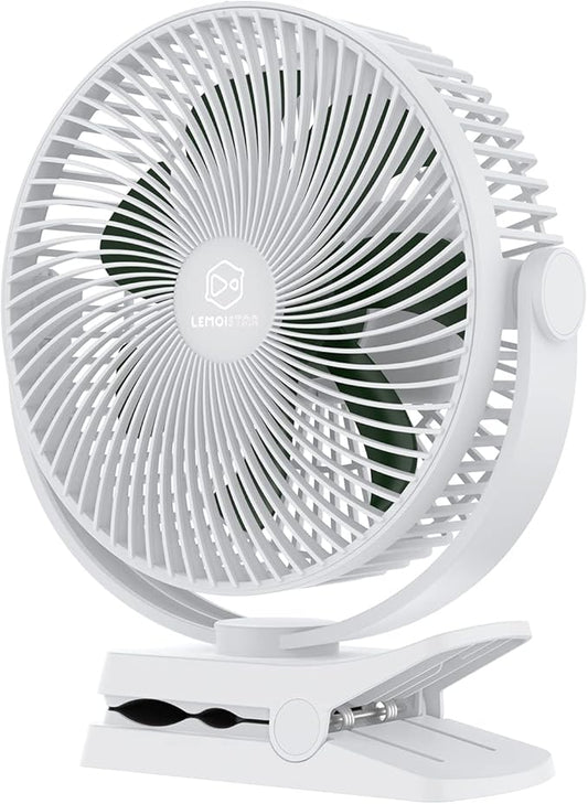 LEMOISTAR 10000 mAh Battery Operated Clip on Fan, 4 Powerful Wind Speeds, 8 Inch, Max 38 Hrs, Rechargeable, USB Powered Stroller Fans, Quiet, Portable Personal Fan for Camping Desk Golf Cart(White)