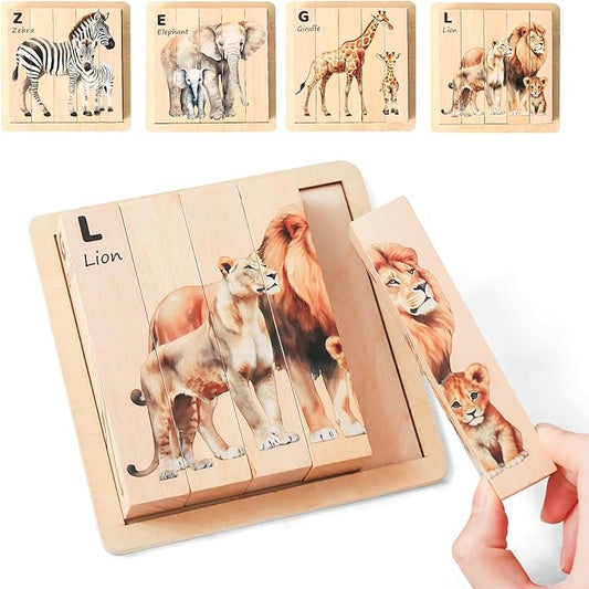 Wooden Safari Animals Learning Puzzle Set, 4-in-1 Block Puzzles for Toddlers 18 Months+, Educational Montessori Toys with Storage Tray