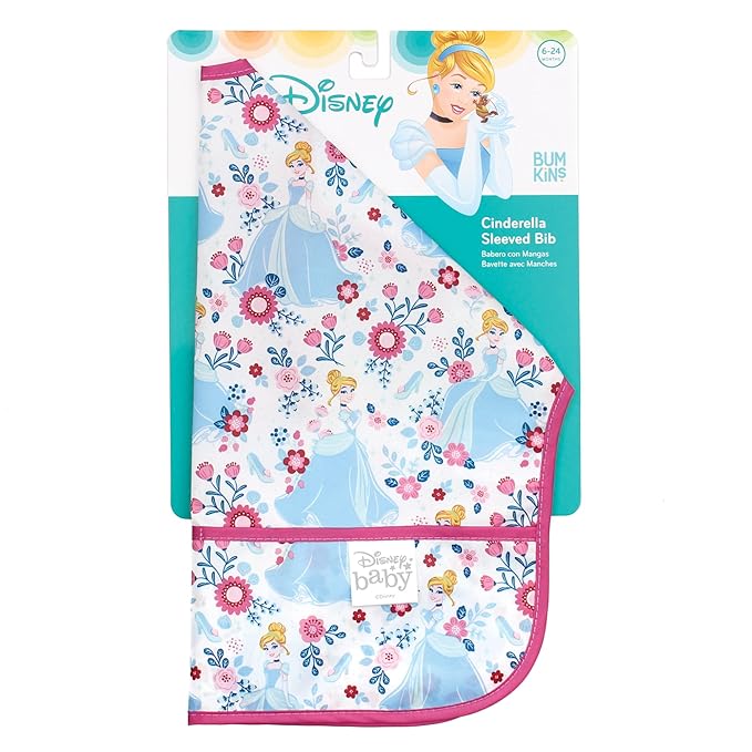 Bumkins Disney Bibs, Baby and Toddler Girls and Boys 6-24 Months, Long Sleeve, Essential Must Have for Eating, Feeding, Mess Saving Lightweight Waterproof Fabric Sleeved Smock, Cinderella