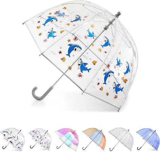 totes Kids Clear Bubble Umbrella with Dome Canopy, Lightweight Design, Wind and Rain Protection Umbrella, Shark, Kids - 38" Canopy